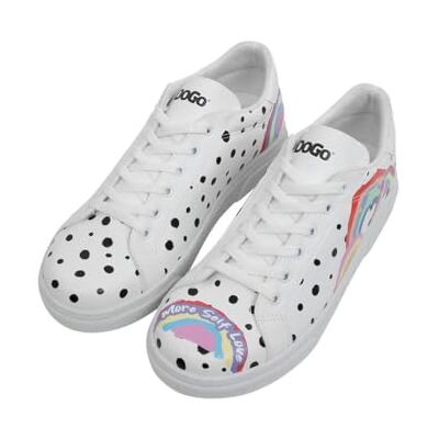 DOGO Kvinnors vita veganska läder sneakers mer självkärleksmönster, Material: Polyester, 40 EU DOGO Kvinnors vita veganska läder sneakers mer självkärleksmönster, Material: Polyester, 40 EU