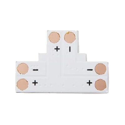 VoltShine T-kontakt för 12/24 V LED-remsor, med en dimension på 10 mm och IP20-klassificering, perfekt för säkra och effektiva anslutningar i dina belysningsprojekt. VoltShine T-kontakt för 12/24 V LED-remsor, med en dimension på 10 mm och IP20-klassificering, perfekt för säkra och effektiva anslutningar i dina belysningsprojekt.