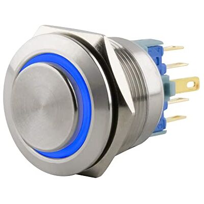 SeKi tryckknapp i rostfritt stål Ø 22 mm utskjutande huvudform färgad upplyst LED-ring i blå lödöglor/platt kontakt 0,5 x 2,8 anslutning; ringklocka SeKi tryckknapp i rostfritt stål Ø 22 mm utskjutande huvudform färgad upplyst LED-ring i blå lödöglor/platt kontakt 0,5 x 2,8 anslutning; ringklocka