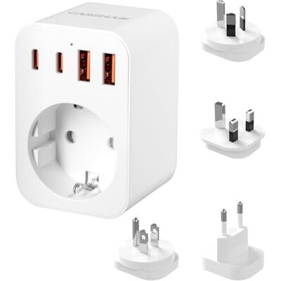 Carehabi Världsomspännande reseadapter, universell resekontakt med 2 USB-C (PD 20 W), 1 x USB-A och 1 x AC-adapter, universell adapter för EU, Storbritannien, USA, AU och adatt Carehabi Världsomspännande reseadapter, universell resekontakt med 2 USB-C (PD 20 W), 1 x USB-A och 1 x AC-adapter, universell adapter för EU, Storbritannien, USA, AU och adatt