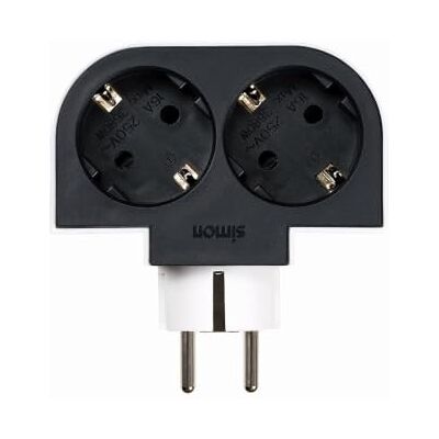 Simon vridbar adapter med 2 uttag 16 A (250 V, 3680 W), rotation 180º, kompakt hörn- eller bakomännuttag, svart och vitt Simon vridbar adapter med 2 uttag 16 A (250 V, 3680 W), rotation 180º, kompakt hörn- eller bakomännuttag, svart och vitt