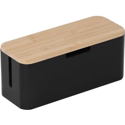 Relaxdays kabelbox för 6-vägs grenuttag, bambu, natur/svart lock HBT 14,5x34x11cm, döljer kablar Relaxdays kabelbox för 6-vägs grenuttag, bambu, natur/svart lock HBT 14,5x34x11cm, döljer kablar