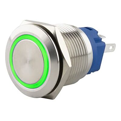 SeKi tryckknapp i rostfritt stål Ø 19 mm knappslå platt huvudform färgad upplyst LED-ring i gröna lödöglor/platt kontakt 0,5 x 2,8 anslutning; ringklocka SeKi tryckknapp i rostfritt stål Ø 19 mm knappslå platt huvudform färgad upplyst LED-ring i gröna lödöglor/platt kontakt 0,5 x 2,8 anslutning; ringklocka
