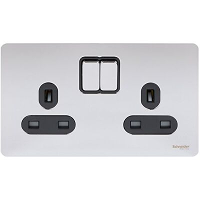 Schneider Electric Ultimate skruvlös, omkopplat dubbeluttag med platt platta, dubbelpolig, 13 A, GU3420DBPC, polerad krom med svart insats Schneider Electric Ultimate skruvlös, omkopplat dubbeluttag med platt platta, dubbelpolig, 13 A, GU3420DBPC, polerad krom med svart insats