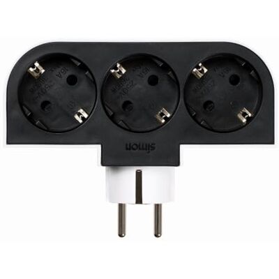 Simon vridbar adapter med 3 uttag 16 A (250 V, 3680 W), rotation 180º, kompakt hörn- eller bakännuttag, svart och vitt Simon vridbar adapter med 3 uttag 16 A (250 V, 3680 W), rotation 180º, kompakt hörn- eller bakännuttag, svart och vitt