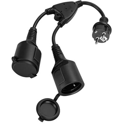 VINATO Dubbel stickkontakt, 2 i 1 förlängningskabel med vattentätt lock, 16A/250 V/max. 3680 W, dubbelt uttag med 2 Schuko-uttag för hem, kontor, trädgård, svart VINATO Dubbel stickkontakt, 2 i 1 förlängningskabel med vattentätt lock, 16A/250 V/max. 3680 W, dubbelt uttag med 2 Schuko-uttag för hem, kontor, trädgård, svart