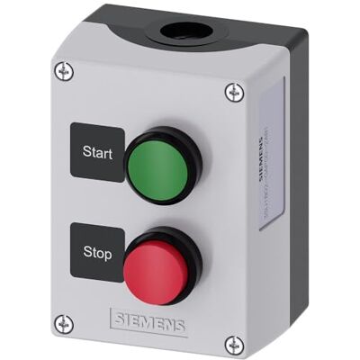 Siemens 3SU1 styrstationshus, 2 x Ø 22 mm, svart, grå, plast Siemens 3SU1 styrstationshus, 2 x Ø 22 mm, svart, grå, plast