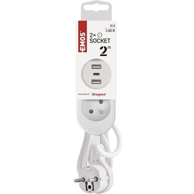 Fuego EMOS Förlängningskabel - 16A, 2m, USB, Vit Fuego EMOS Förlängningskabel - 16A, 2m, USB, Vit