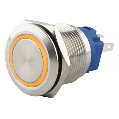 SeKi tryckknapp i rostfritt stål Ø 19 mm knappslå platt huvudform färgad upplyst LED-ring i gula lödöglor/platt kontakt 0,5 x 2,8 anslutning; ringklocka SeKi tryckknapp i rostfritt stål Ø 19 mm knappslå platt huvudform färgad upplyst LED-ring i gula lödöglor/platt kontakt 0,5 x 2,8 anslutning; ringklocka