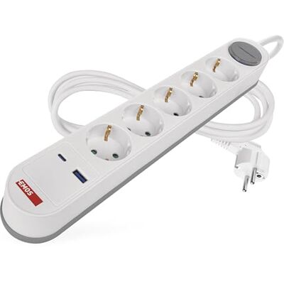 EMOS grenuttag 5-vägs med USB-snabbladdning, 3 m kabel – flera uttag med strömbrytare för inomhusbruk – lämplig för väggmontering – 5 x uttag, 1 x USB C, 1 x USB A-vit EMOS grenuttag 5-vägs med USB-snabbladdning, 3 m kabel – flera uttag med strömbrytare för inomhusbruk – lämplig för väggmontering – 5 x uttag, 1 x USB C, 1 x USB A-vit