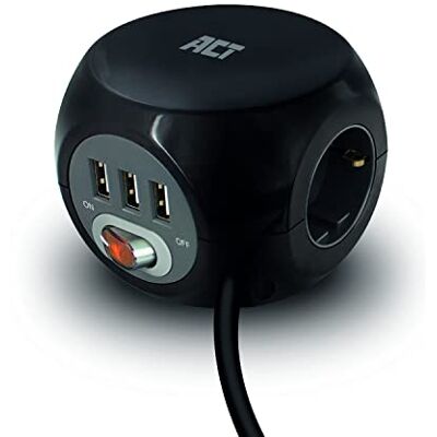 ACT uttagskub med USB, Powercube 3 USB-kontakt (2,4 A) med strömbrytare, 3 fack uttag, inkl. självhäftande dyna för kök, kontor, vardagsrum, kabellängd 1,5 m, färg svart – AC2400 ACT uttagskub med USB, Powercube 3 USB-kontakt (2,4 A) med strömbrytare, 3 fack uttag, inkl. självhäftande dyna för kök, kontor, vardagsrum, kabellängd 1,5 m, färg svart – AC2400