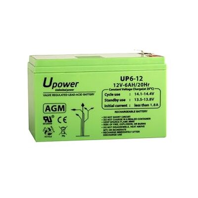 Master U-Power U-Power uppladdningsbart AGM-förseglat blybatteri 12 V 6 Ah allmänt använd som larm, UPS/SAI, säkerhet, leksaker, etc. Faston F1 terminal 4,8 mm Master U-Power U-Power uppladdningsbart AGM-förseglat blybatteri 12 V 6 Ah allmänt använd som larm, UPS/SAI, säkerhet, leksaker, etc. Faston F1 terminal 4,8 mm