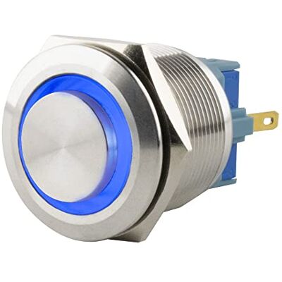 SeKi tryckknapp i rostfritt stål Ø 25 mm utskjutande huvudform färgad upplyst LED-ring i blå lödöglor/platt kontakt 0,5 x 2,8 anslutning; ringklocka SeKi tryckknapp i rostfritt stål Ø 25 mm utskjutande huvudform färgad upplyst LED-ring i blå lödöglor/platt kontakt 0,5 x 2,8 anslutning; ringklocka