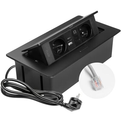 GTV – Inbyggt uttag MULTISOFT svart med 2 x uttag med jordning, USB A+C, RJ45, infällbar med lock, 1,5 m kabel, för kök, kontor, konferens- och arbetsbord GTV – Inbyggt uttag MULTISOFT svart med 2 x uttag med jordning, USB A+C, RJ45, infällbar med lock, 1,5 m kabel, för kök, kontor, konferens- och arbetsbord