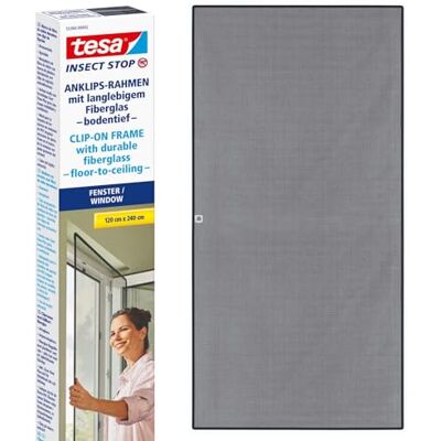 tesa Insect Stop Clip On – myggnät att sätta på fönstret – anpassningsbar ram, nät av slitstark glasfiber med självhäftande klämmor – 1,2 x 2,4 m – antracit tesa Insect Stop Clip On – myggnät att sätta på fönstret – anpassningsbar ram, nät av slitstark glasfiber med självhäftande klämmor – 1,2 x 2,4 m – antracit