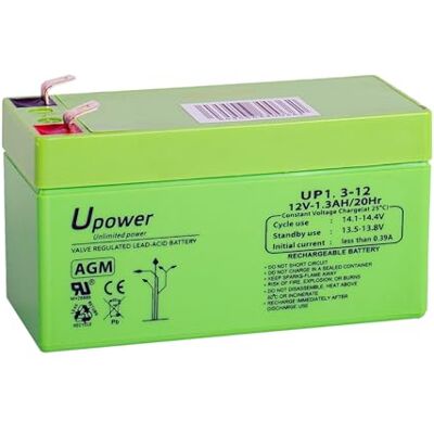 Master U-Power U-Power uppladdningsbart AGM-förseglat blybatteri 12 V 1,3 Ah allmänt bruk som larm, UPS/SAI, säkerhet, leksaker, etc. Faston F1 4,8 mm terminal Master U-Power U-Power uppladdningsbart AGM-förseglat blybatteri 12 V 1,3 Ah allmänt bruk som larm, UPS/SAI, säkerhet, leksaker, etc. Faston F1 4,8 mm terminal