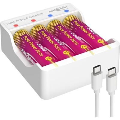 Ansmann Pure Power litiumladdare med 4 uppladdningsbara AA-batterier med hög kapacitet och laddningsmodul, lång batteritid, skyddsteknik, idealisk för enheter med hög strömförbrukning Ansmann Pure Power litiumladdare med 4 uppladdningsbara AA-batterier med hög kapacitet och laddningsmodul, lång batteritid, skyddsteknik, idealisk för enheter med hög strömförbrukning