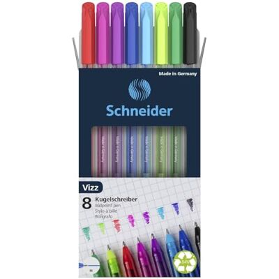 Schneider 102298 Vizz kulspetspenna (för lätt och snabb skrivning, skaft i skrivfärg, linjebredd M) 8 stycken, sorterade, 8 st Schneider 102298 Vizz kulspetspenna (för lätt och snabb skrivning, skaft i skrivfärg, linjebredd M) 8 stycken, sorterade, 8 st