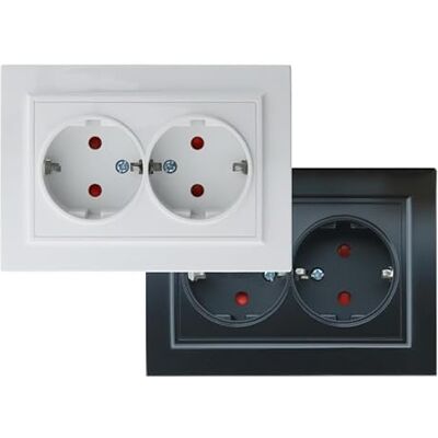 Levitantes Dubbelt uttag schuko-kontakt glansigt vitt och matt svart, mått 84 x 116 x 40 mm, perfekt för flera elektriska anslutningar.* Levitantes Dubbelt uttag schuko-kontakt glansigt vitt och matt svart, mått 84 x 116 x 40 mm, perfekt för flera elektriska anslutningar.*