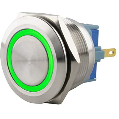 SeKi tryckknapp i rostfritt stål Ø 25 mm knappslå platt huvudform färgad upplyst LED-ring i gröna lödöglor/platt kontakt 0,5 x 2,8 anslutning; ringklocka SeKi tryckknapp i rostfritt stål Ø 25 mm knappslå platt huvudform färgad upplyst LED-ring i gröna lödöglor/platt kontakt 0,5 x 2,8 anslutning; ringklocka