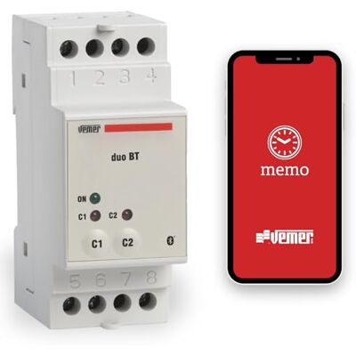 VEMER VE799900 DUO BT Astronomisk tidsbrytare med Bluetooth och APP, digital timer DIN-stång, 2 moduler, 2 reläer, vit VEMER VE799900 DUO BT Astronomisk tidsbrytare med Bluetooth och APP, digital timer DIN-stång, 2 moduler, 2 reläer, vit