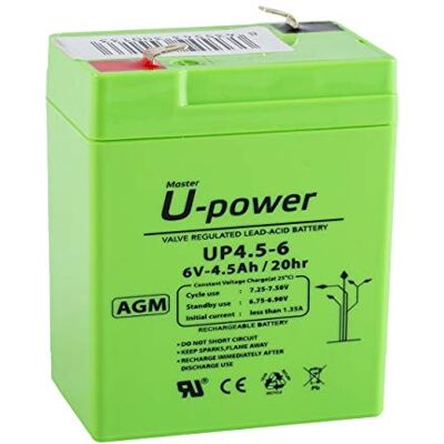 Master U-Power U-Power Uppladdningsbart AGM-förseglat blybatteri 6 V 4,5 Ah allmänt bruk som larm, UPS/SAI, säkerhet, leksaker, etc. Faston F1 4,8 mm terminal Master U-Power U-Power Uppladdningsbart AGM-förseglat blybatteri 6 V 4,5 Ah allmänt bruk som larm, UPS/SAI, säkerhet, leksaker, etc. Faston F1 4,8 mm terminal