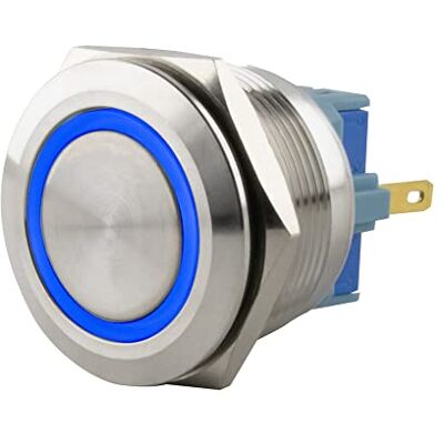SeKi tryckknapp i rostfritt stål Ø 25 mm knappslå platt huvudform färgad upplyst LED-ring i blå lödöglor/platt kontakt 0,5 x 2,8 anslutning; ringklocka SeKi tryckknapp i rostfritt stål Ø 25 mm knappslå platt huvudform färgad upplyst LED-ring i blå lödöglor/platt kontakt 0,5 x 2,8 anslutning; ringklocka