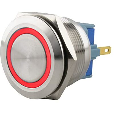 SeKi Rostfritt stål tryckbrytare Ø 25 mm rastande platt huvudform färgad upplyst LED-ring i röda lödöglor/platt kontakt 0,5 x 2,8 anslutning SeKi Rostfritt stål tryckbrytare Ø 25 mm rastande platt huvudform färgad upplyst LED-ring i röda lödöglor/platt kontakt 0,5 x 2,8 anslutning