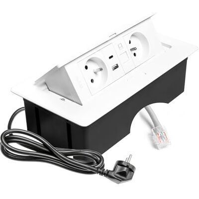 GTV – Inbyggt uttag MULTISOFT vit med 2 x uttag med jordning, USB A+C, RJ45, infällbar med lock, 1,5 m kabel, för kök, kontor, konferens- och arbetsbord GTV – Inbyggt uttag MULTISOFT vit med 2 x uttag med jordning, USB A+C, RJ45, infällbar med lock, 1,5 m kabel, för kök, kontor, konferens- och arbetsbord