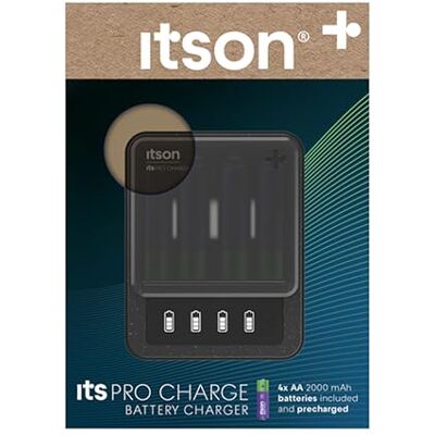 ITSON , itsPRO CAHRGE Ni-MH-batteri USB-C till USB-C-laddare, 4 x AA-batterier (2 000 mAh) ingår, 4,45 timmars laddningstid, LCD-display, alkalisk/dålig celldetektion, energibesparande läge ITSON , itsPRO CAHRGE Ni-MH-batteri USB-C till USB-C-laddare, 4 x AA-batterier (2 000 mAh) ingår, 4,45 timmars laddningstid, LCD-display, alkalisk/dålig celldetektion, energibesparande läge