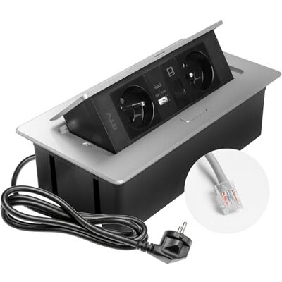 GTV – Inbyggt uttag MULTISOFT aluminium med 2 x uttag med jordning, USB A+C, RJ45, infällbar med lock, 1,5 m kabel, för kök, kontor, konferens- och arbetsbord GTV – Inbyggt uttag MULTISOFT aluminium med 2 x uttag med jordning, USB A+C, RJ45, infällbar med lock, 1,5 m kabel, för kök, kontor, konferens- och arbetsbord