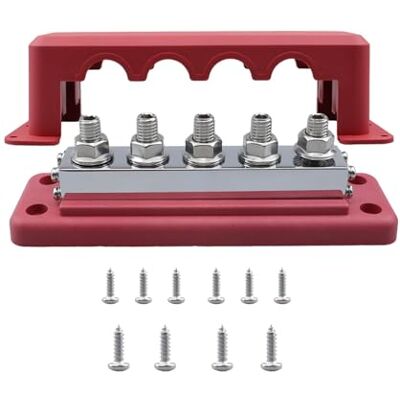 Garvee Kraftfördelningsblock 12 V 600 A – 5 x M10 busbar 300 V med lock – robust fördelning för bil, husbil, båt, solsystem – korrosionsbeständig, enkel montering – röd Garvee Kraftfördelningsblock 12 V 600 A – 5 x M10 busbar 300 V med lock – robust fördelning för bil, husbil, båt, solsystem – korrosionsbeständig, enkel montering – röd