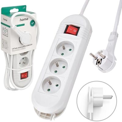 Hama förlängningskabel - 3 uttag, väggmontering, 3m kabel Hama förlängningskabel - 3 uttag, väggmontering, 3m kabel