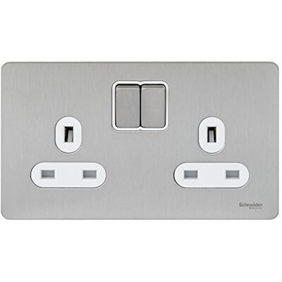 Schneider Electric , 13A 2 Gang SP Switched, Stainless Steel White Interior Schneider Electric , 13A 2 Gang SP Switched, Stainless Steel White Interior