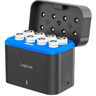 LogiLink Batteriladdare och förvaringslåda för transport, inklusive 4 x AA/4 x AAA litiumjonbatterier, 15 W, LED-statusdisplay LogiLink Batteriladdare och förvaringslåda för transport, inklusive 4 x AA/4 x AAA litiumjonbatterier, 15 W, LED-statusdisplay