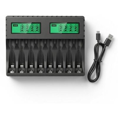 Carehabi Batteriladdare AA AAA 8-slots, batteriladdare, universell med LCD-display för NI-MH uppladdningsbara batterier, snabbladdare (USB-C) för 1,2 V mignon och mikrobatterier Carehabi Batteriladdare AA AAA 8-slots, batteriladdare, universell med LCD-display för NI-MH uppladdningsbara batterier, snabbladdare (USB-C) för 1,2 V mignon och mikrobatterier