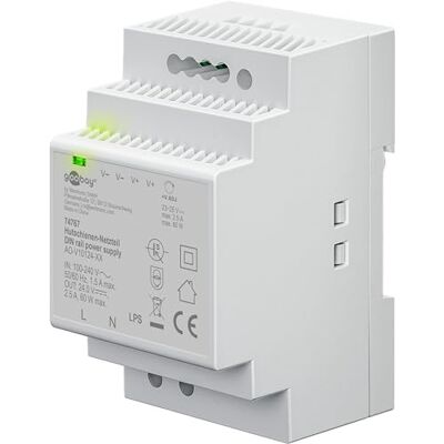 goobay Strömförsörjning DIN 24 V DC 2,5 A, 230 V till 24 V transformator med justerbar spänning, flera skydd, LED-indikator, DIN-skenmontering, 74767 goobay Strömförsörjning DIN 24 V DC 2,5 A, 230 V till 24 V transformator med justerbar spänning, flera skydd, LED-indikator, DIN-skenmontering, 74767