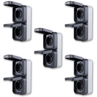 REV 5 x dubbeluttag AquaStorm sparset – uttag våtrum IP55, tvåpolig, ytmonterad vertikalt, 230 V, 16 A, antracit REV 5 x dubbeluttag AquaStorm sparset – uttag våtrum IP55, tvåpolig, ytmonterad vertikalt, 230 V, 16 A, antracit