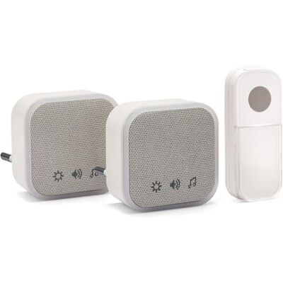 Velamp TWEED: Set med 2 klockor med kontakt + 1 knapp, 150 m, 36 melodier. Vit Velamp TWEED: Set med 2 klockor med kontakt + 1 knapp, 150 m, 36 melodier. Vit