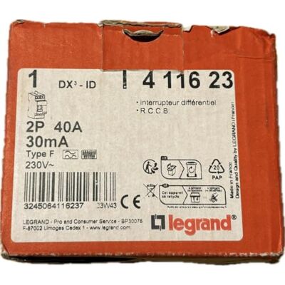 Legrand 411623 Differentialbrytare DX³-ID hög ankomst och hög start med skruvar, 2P, 230V, 40A typF, 30 mA, 2 moduler Legrand 411623 Differentialbrytare DX³-ID hög ankomst och hög start med skruvar, 2P, 230V, 40A typF, 30 mA, 2 moduler