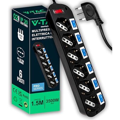 V-TAC Elektriskt multiuttag, svart, 6 uttag med oberoende strömbrytare, 6 uttag, 10/16 A bypass + Schuko-kontakt 16 A, eluttag, uttag för hemmakontor V-TAC Elektriskt multiuttag, svart, 6 uttag med oberoende strömbrytare, 6 uttag, 10/16 A bypass + Schuko-kontakt 16 A, eluttag, uttag för hemmakontor