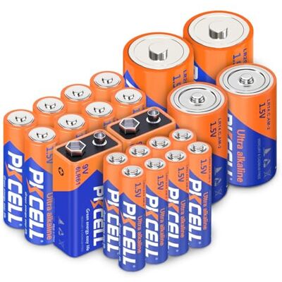 PKCELL 22 alkaliska batterier, 8 AA-batterier, 8 AAA-batterier, 2 C-batterier, 2 D-batterier och 2 9V-batterier för hushållselektronik PKCELL 22 alkaliska batterier, 8 AA-batterier, 8 AAA-batterier, 2 C-batterier, 2 D-batterier och 2 9V-batterier för hushållselektronik