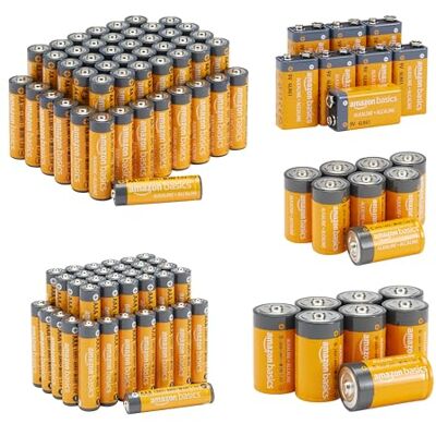 Amazon Basics Alkaliska batterier, supervärdepaket, 48 AA + 36 AAA + 8 C + 8 D + 8/9 Volt, 108-pack Amazon Basics Alkaliska batterier, supervärdepaket, 48 AA + 36 AAA + 8 C + 8 D + 8/9 Volt, 108-pack