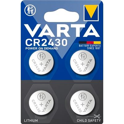 Varta Batteriknappceller CR2430, 4 stycken, Power on Demand, litium, 3 V, barnsäker förpackning, för smarta hemenheter, bilnycklar och andra applikationer Varta Batteriknappceller CR2430, 4 stycken, Power on Demand, litium, 3 V, barnsäker förpackning, för smarta hemenheter, bilnycklar och andra applikationer