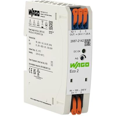 WAGO Kompakt Strömförsörjning ECO 2687-2142 1-fas, strömförsörjning, DIN-skena-strömförsörjning (DIN-skena), 24 VDC, 1,25 A, DC OK LED WAGO Kompakt Strömförsörjning ECO 2687-2142 1-fas, strömförsörjning, DIN-skena-strömförsörjning (DIN-skena), 24 VDC, 1,25 A, DC OK LED