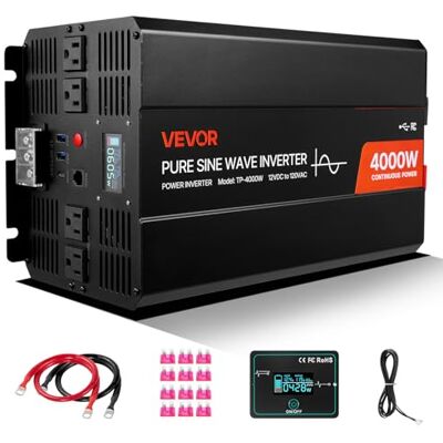 VEVOR 4 000 W, 12 V DC till 230 V DC ren sinusvågsväxelriktare, solcellsladdare för bil med LCD-skärm, fjärrkontroll, 2 USB-portar, 2 AC-utgångar, typ C-port VEVOR 4 000 W, 12 V DC till 230 V DC ren sinusvågsväxelriktare, solcellsladdare för bil med LCD-skärm, fjärrkontroll, 2 USB-portar, 2 AC-utgångar, typ C-port
