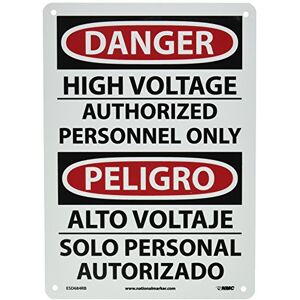 NMC ESD684RB tvåspråkig OSHA-skylt, legend "FARA – HÖG VOLTAGE AUTORISERAD PERSONNEL endast", 10" längd x 14" höjd, styv plast, svart/röd på vitt