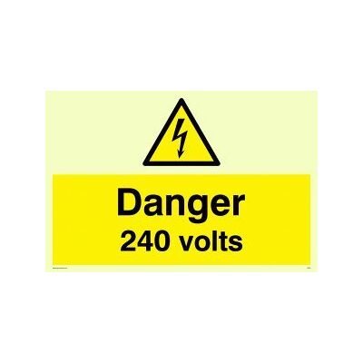 Viking WE82-A6L-P 'Danger 240 volts"-skylt, halvstyv fotoluminescerande plast, 100 mm H x 150 mm B Viking WE82-A6L-P 'Danger 240 volts"-skylt, halvstyv fotoluminescerande plast, 100 mm H x 150 mm B
