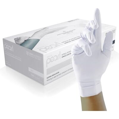 UNIGLOVES White Pearl GP0022 nitrilundersökningshandskar – mångsidiga, pulverfria och latexfria engångshandskar, låda med 100 handskar, vit, liten UNIGLOVES White Pearl GP0022 nitrilundersökningshandskar – mångsidiga, pulverfria och latexfria engångshandskar, låda med 100 handskar, vit, liten