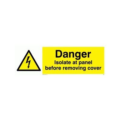 Viking WE85-L62-1M "Danger Isolate at at Panel Before Removing Cover" skylt, 1 mm halvstyv plast, 200 mm H x 600 mm B Viking WE85-L62-1M "Danger Isolate at at Panel Before Removing Cover" skylt, 1 mm halvstyv plast, 200 mm H x 600 mm B